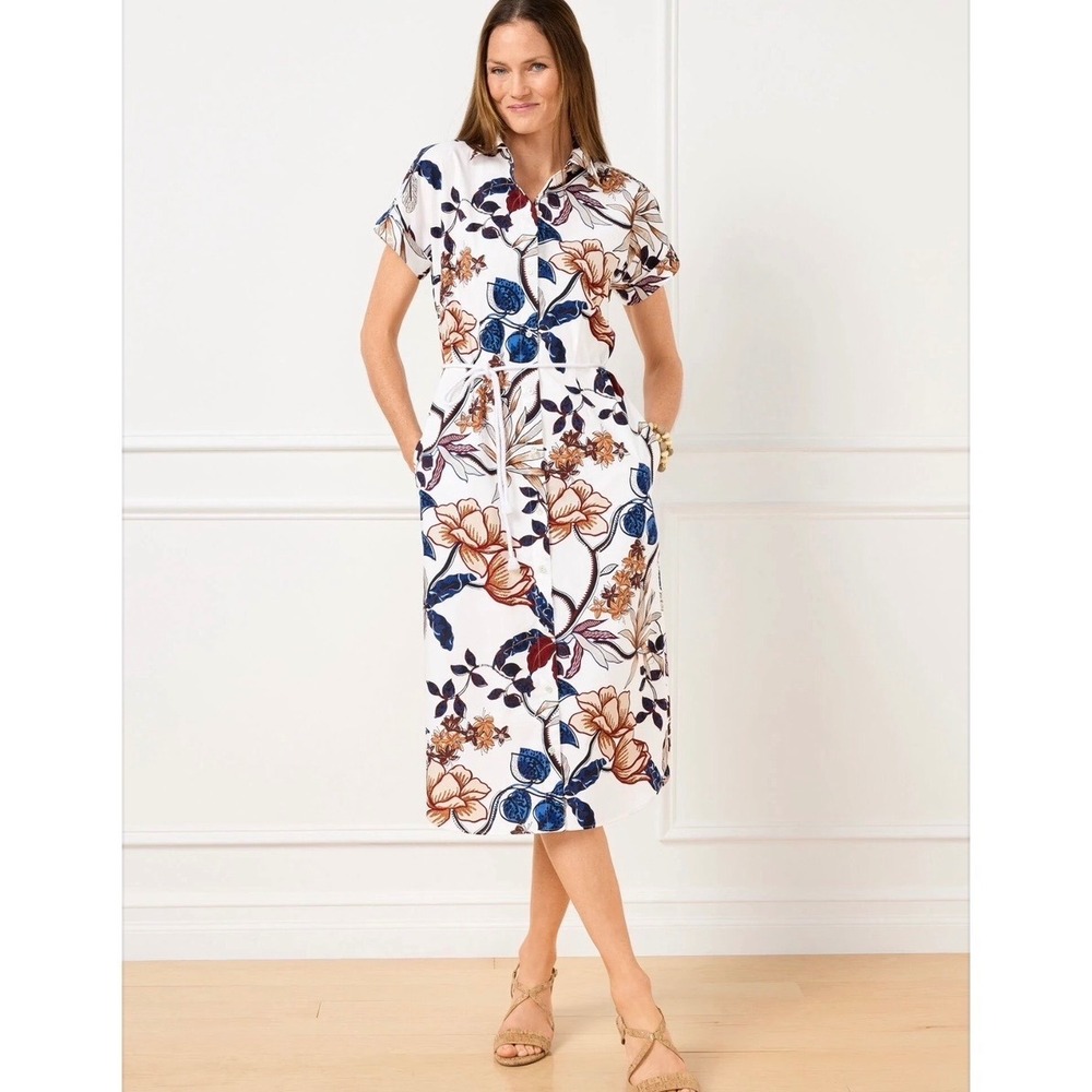 NEW Talbots Modern Poplin Midi Shirtdress Verdant Botanical Belted Pockets 14